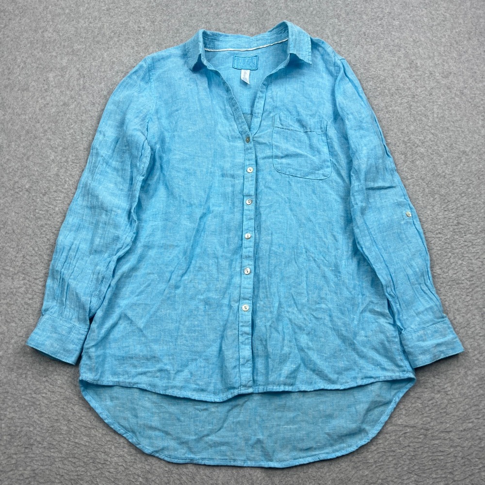 Sigrid‎ Olsen Button Up Shirt Womens Small Blue 100% Linen Roll Tab High Low Hem